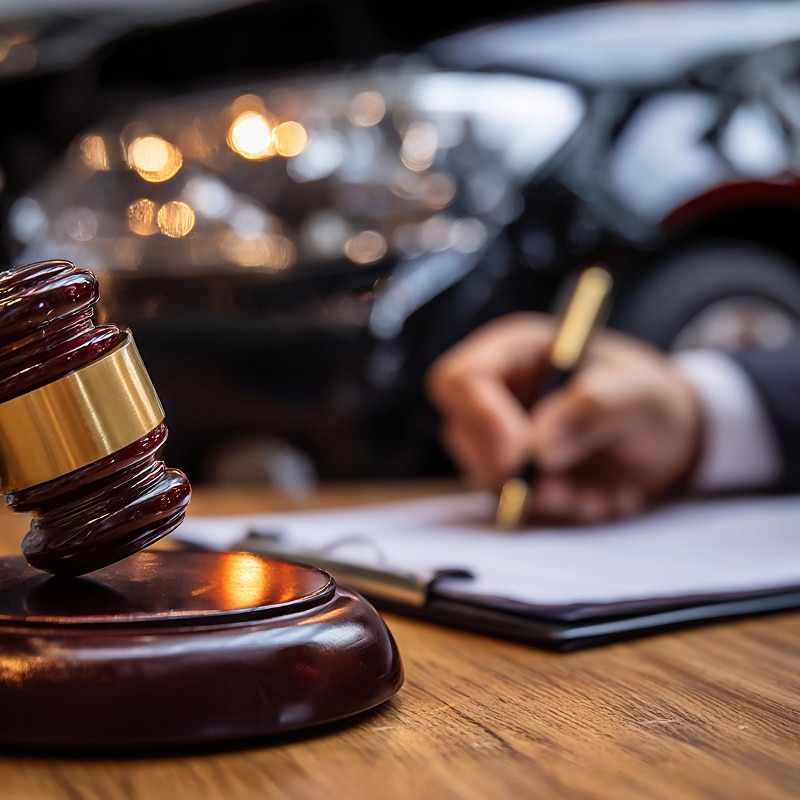 Gavel sur table en bois, main écrivant un document. Voiture floue en arrière-plan. Accident de voiture, droit et assurance.