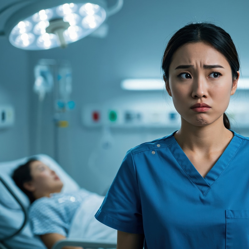 Infirmière asiatique inquiète en blouse bleue devant une patiente en lit d'hôpital sous lumière chirurgicale.