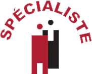 Logo SPÉCIALISTE en arc au-dessus de deux figures humaines stylisées (rouge et noire), évoquant expertise, collaboration et soutien.