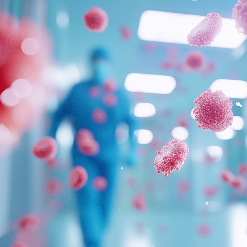 Cellules roses/rouges, type virus ou bactéries, flottant devant un médecin en tenue protectrice bleue dans un laboratoire stérile.