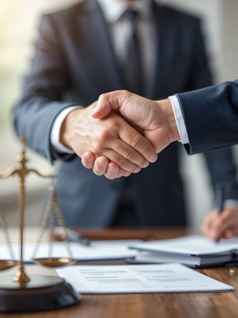 Deux professionnels se serrent la main devant des documents et une balance de justice, symbolisant un accord légal ou commercial.