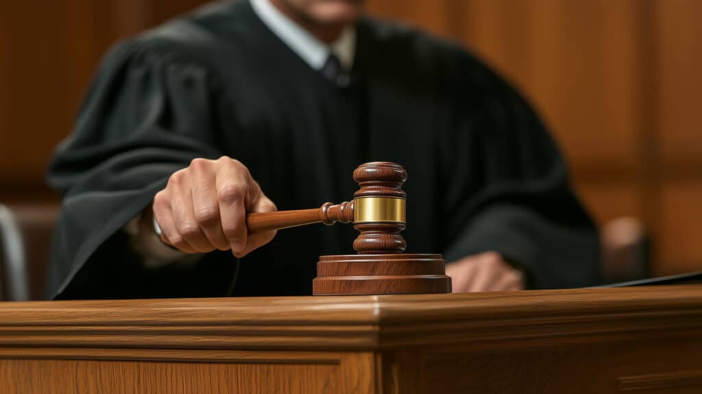 Main d'un juge en toge noire tenant un marteau de justice en bois, prête à frapper le socle sur un bureau de tribunal.