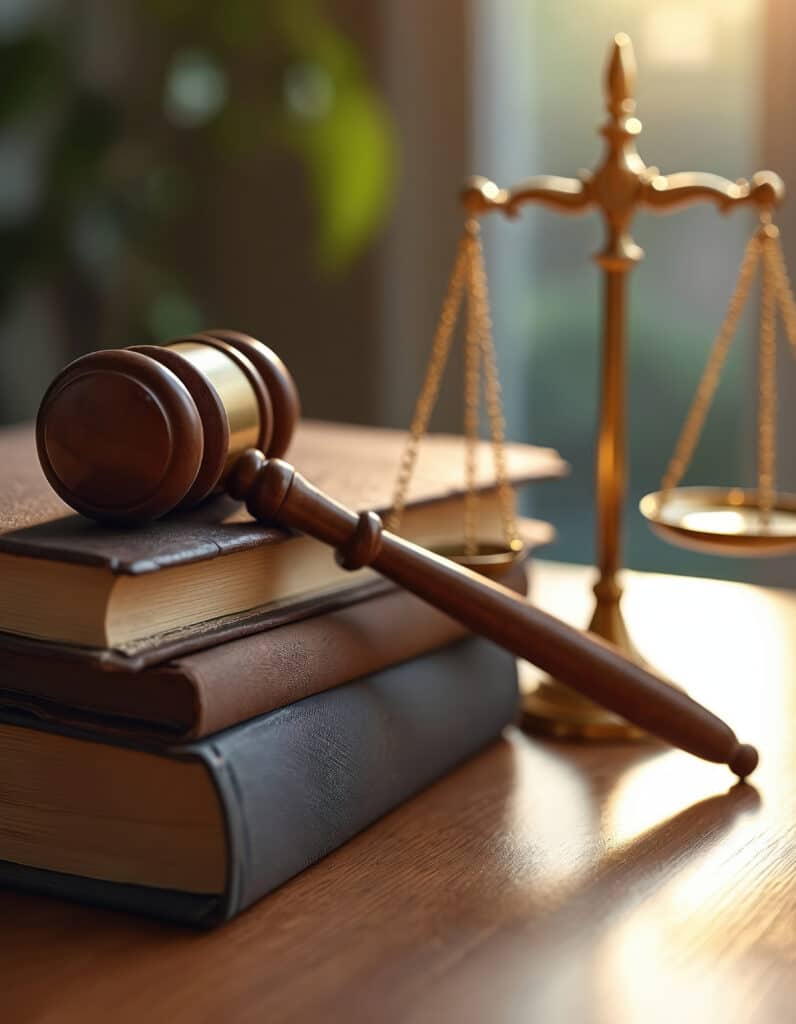 Gavel en bois posé sur une pile de livres de droit reliés, avec une balance de la justice dorée floue en arrière-plan.