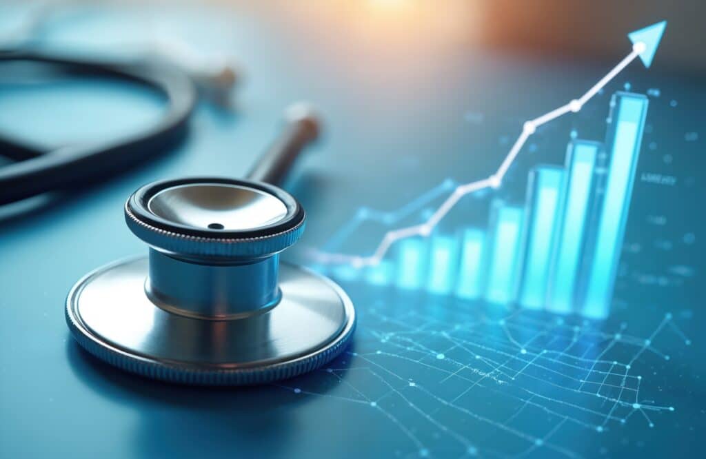 Stéthoscope médical sur fond bleu, avec un graphique de croissance montrant une flèche ascendante et des barres lumineuses. Progrès en santé.